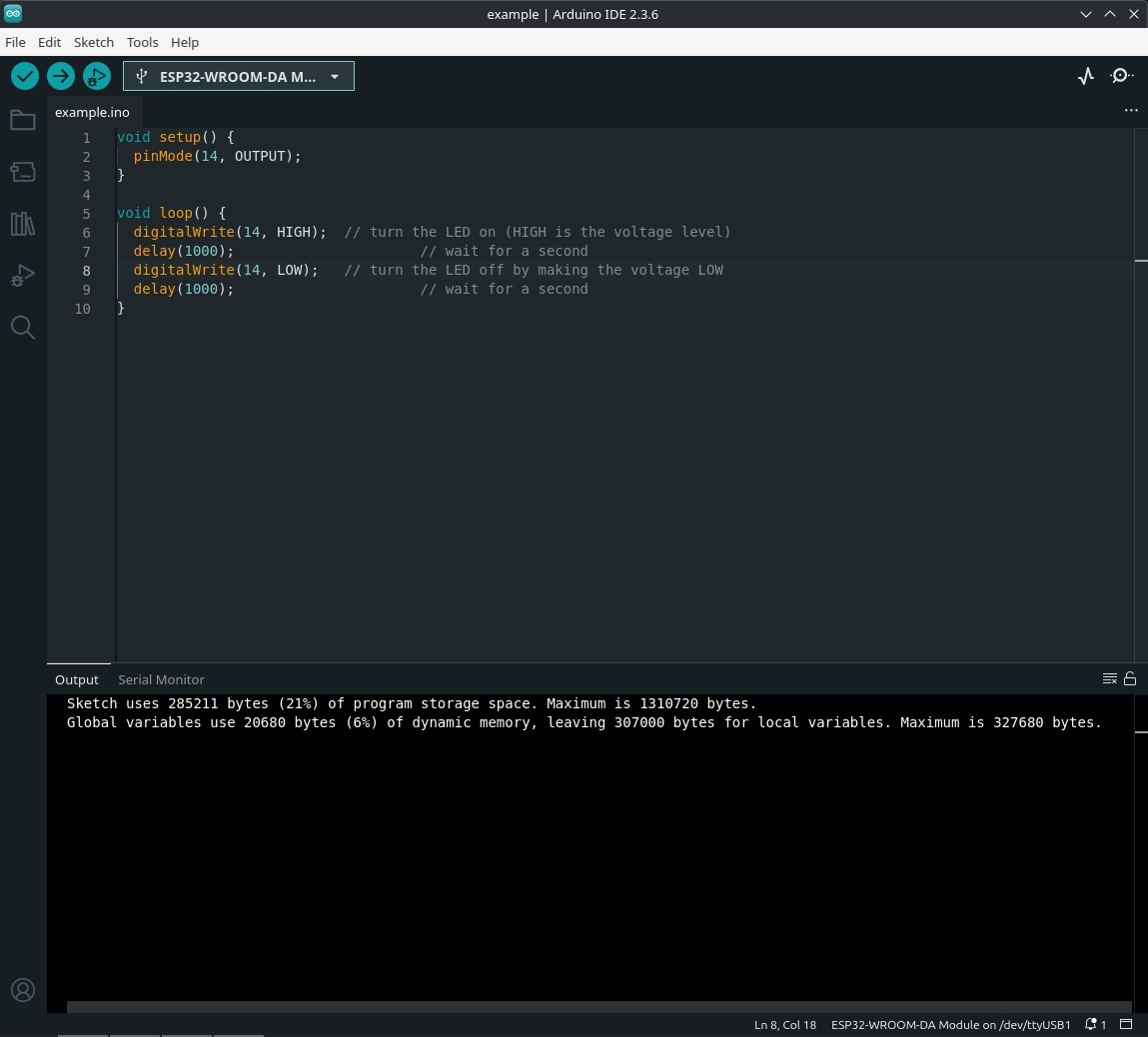 Screenshot of ide showing storage usage after compilation