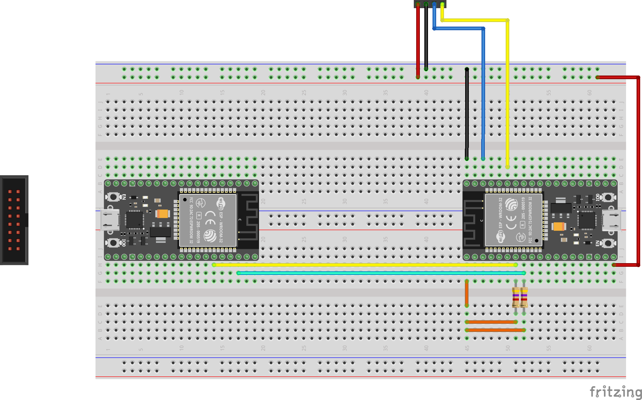 Breadboard view of the two ESP32