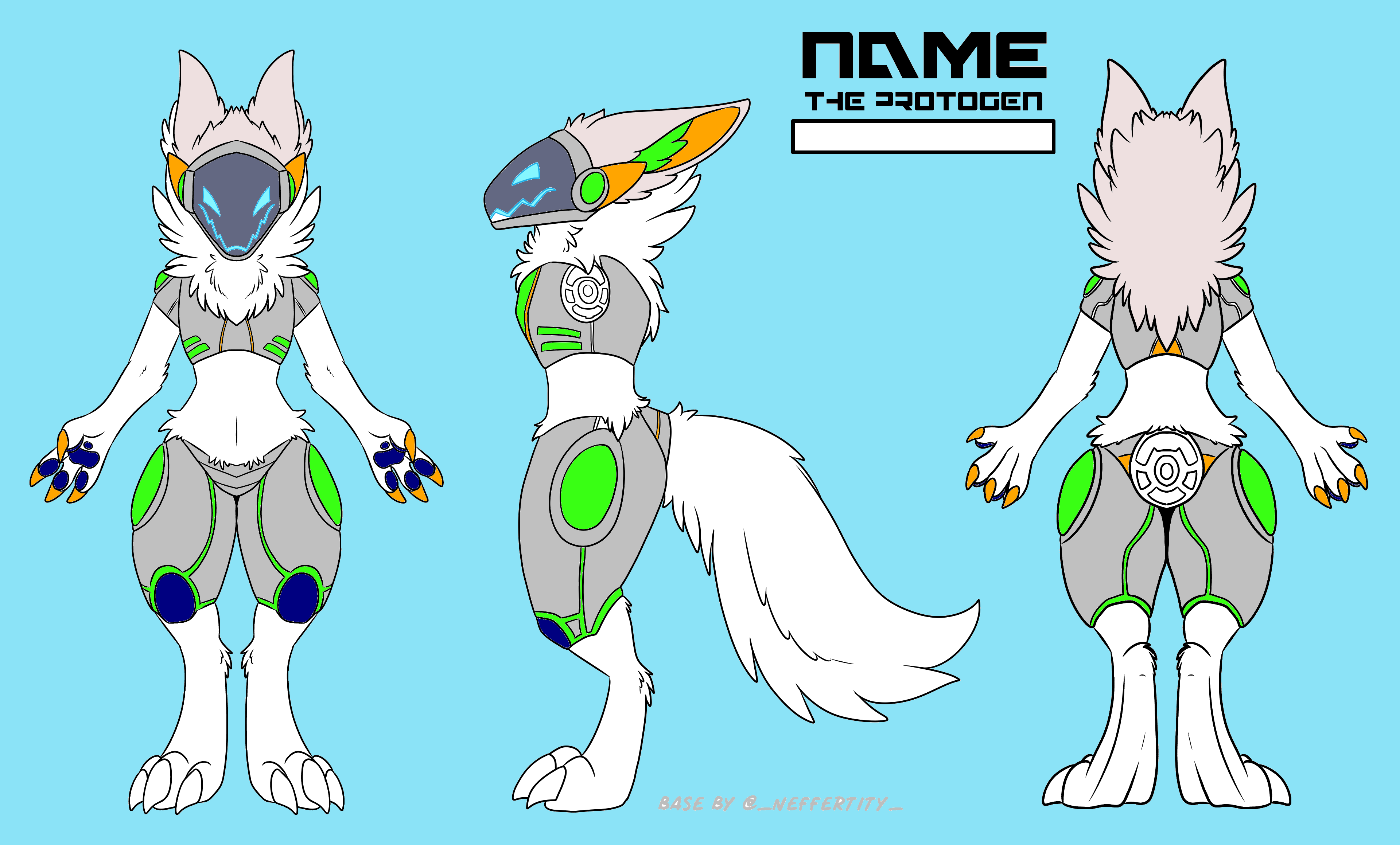 reference sheet of a mostly white protogen with orange / neon green ears